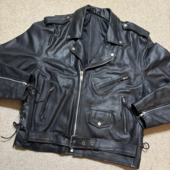 Leather Motorcycle Jacket Mens 44 Black Belted Side Lace Biker Zip Pockets - Picture 12 of 16